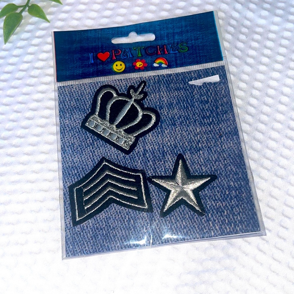 Black and Silver Embroidered Patch Set Crown Chevron Star